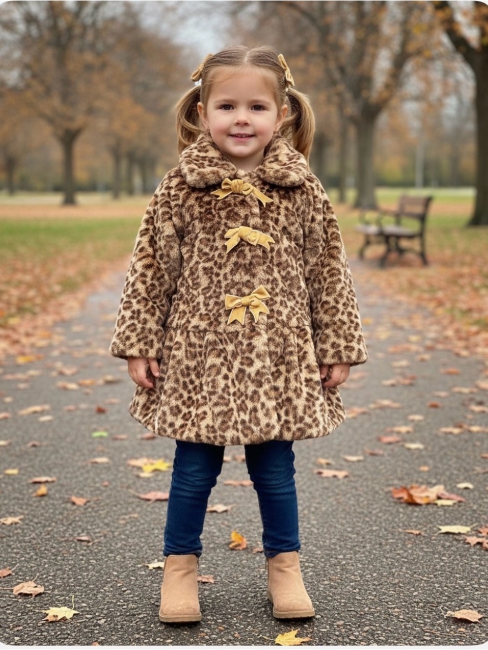 Widgeon Leopard Print Faux Fur girls Coat 
Velvet Gold Bows
Size 3T Like New